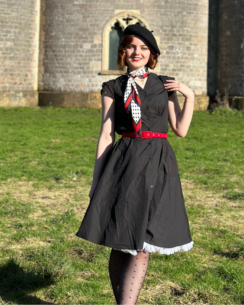 1940s Vintage Dress Collar V Neck Button Down Dress Cap Sleeve Dress with Pockets