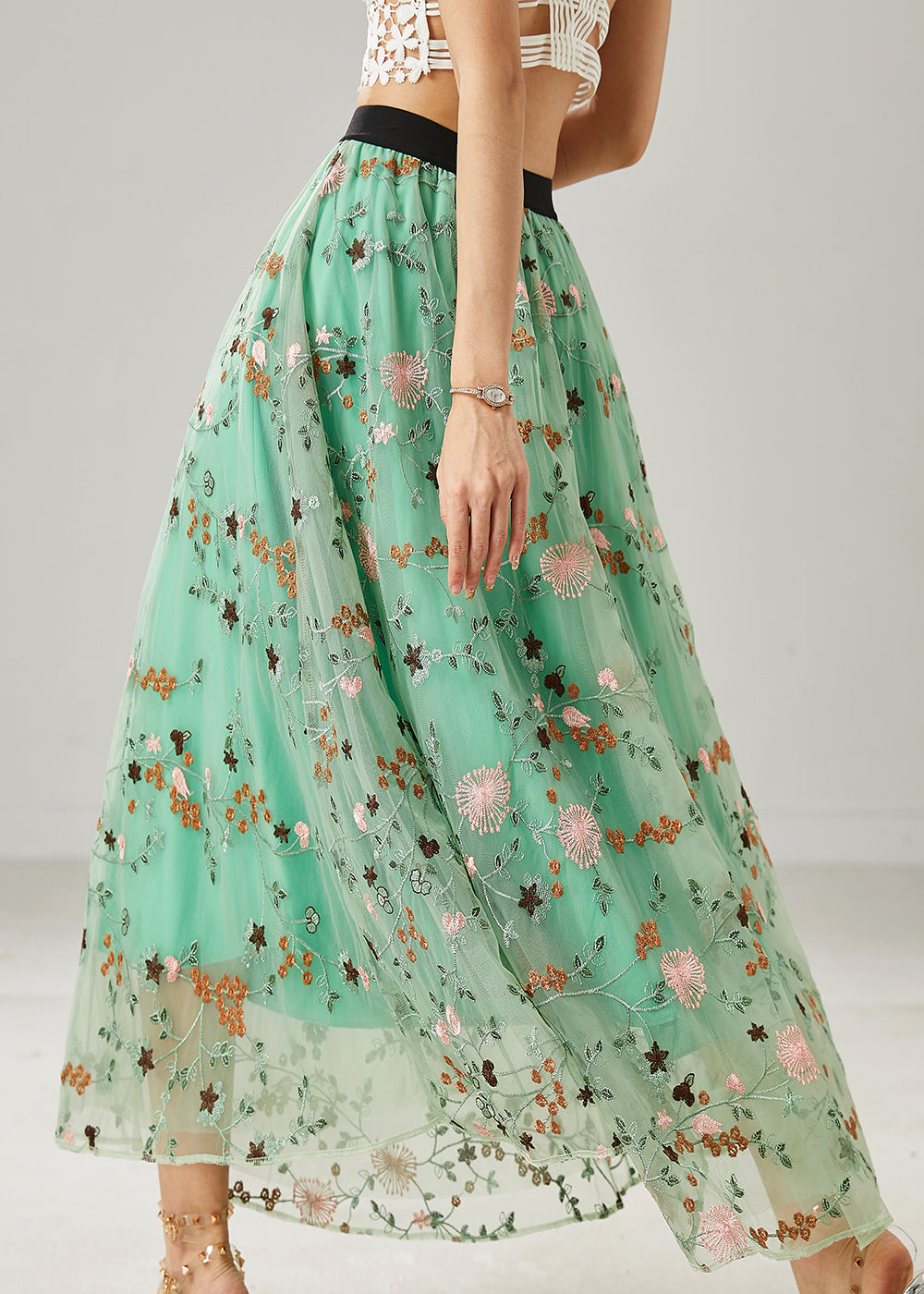 Green Embroidered Tulle Skirts Summer