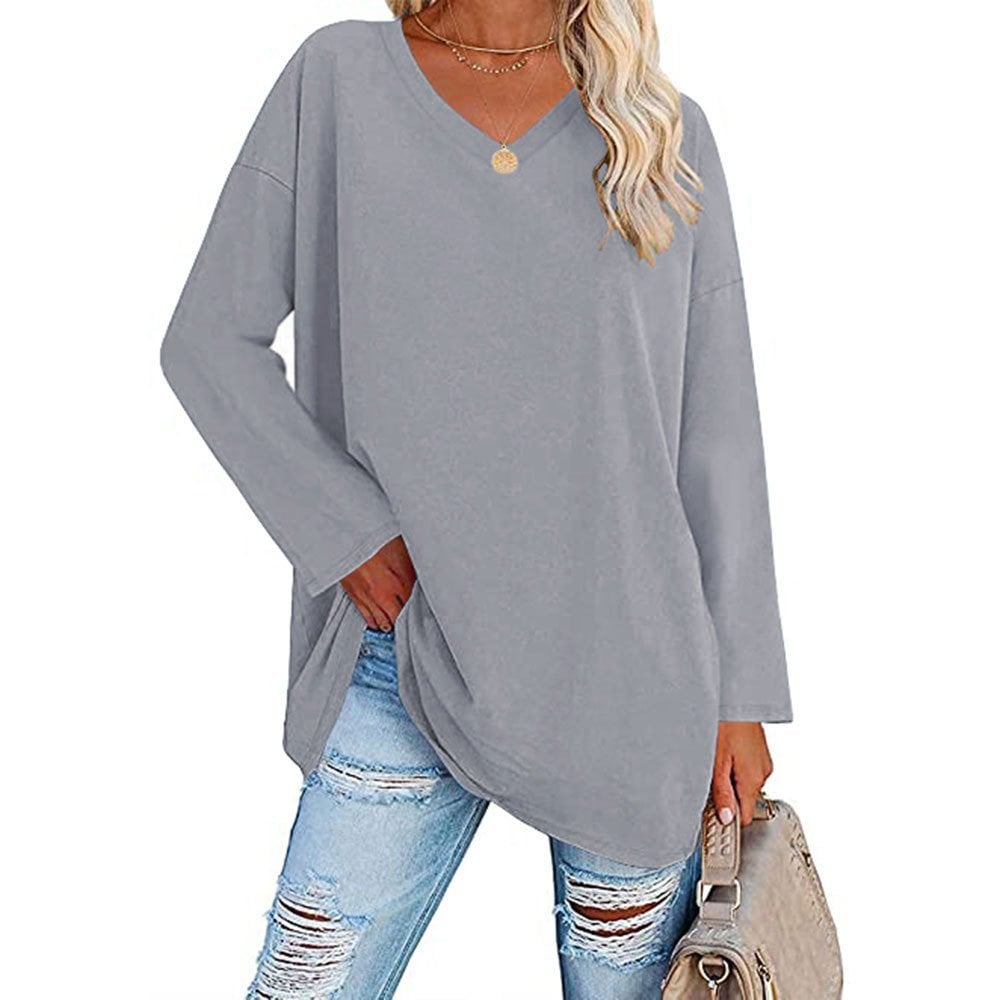 Multicolor - Women's Loose Long Sleeve Fashion V-neck Top