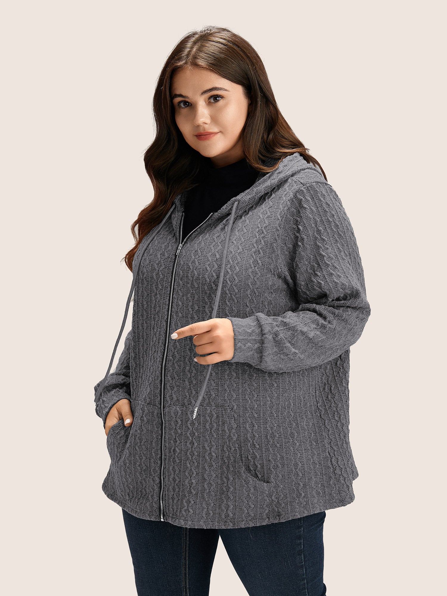 Plain Textured Zipper Hooded Sweatshirt