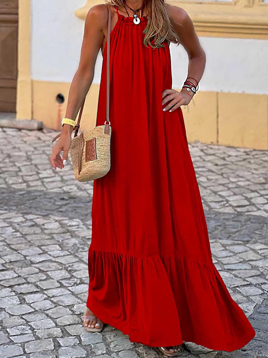 Fashion Temperament Solid Color Sleeveless Neck Long Dresses
