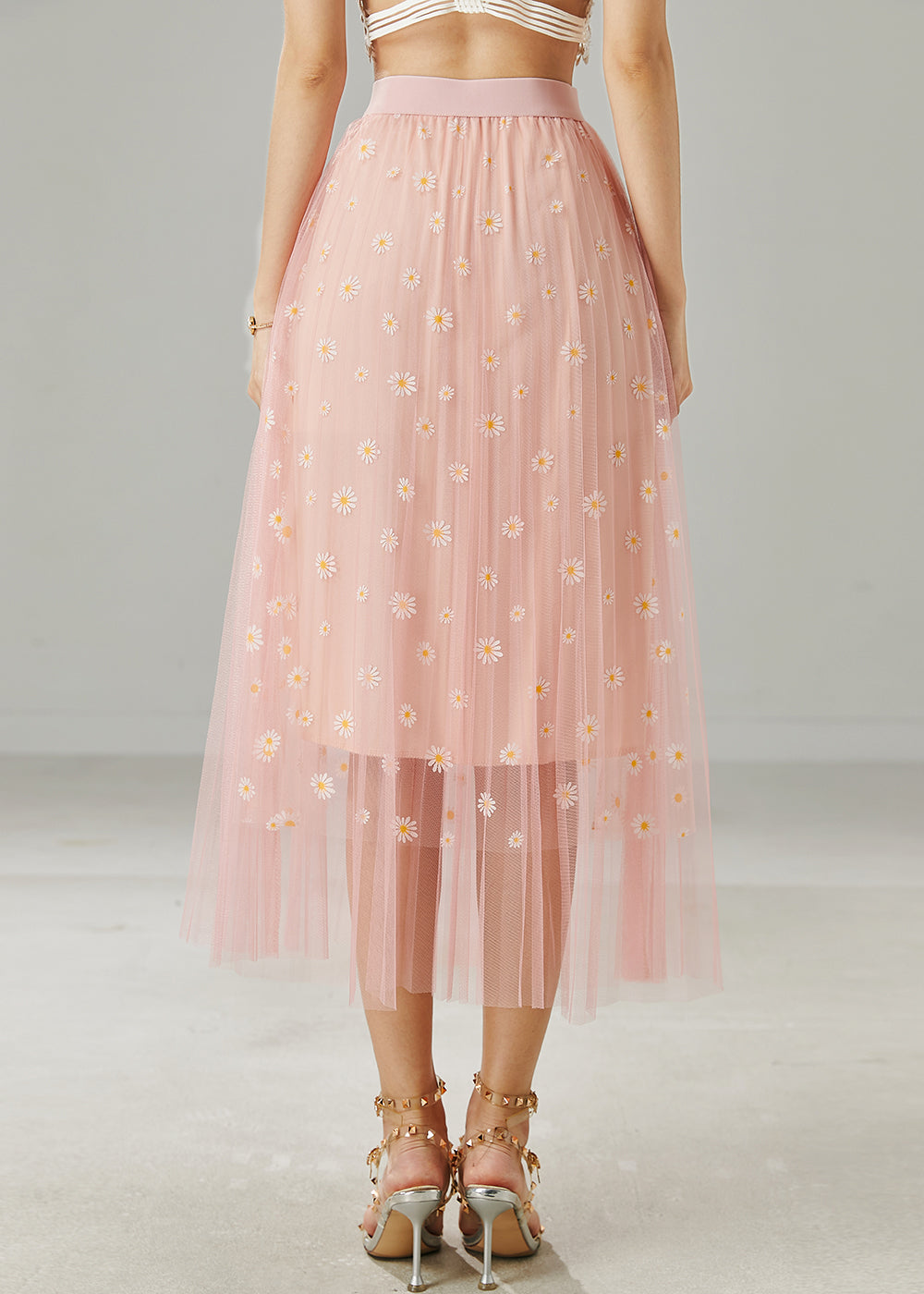 Beautiful Pink Chrysanthemum Embroidered Tulle Skirt Summer