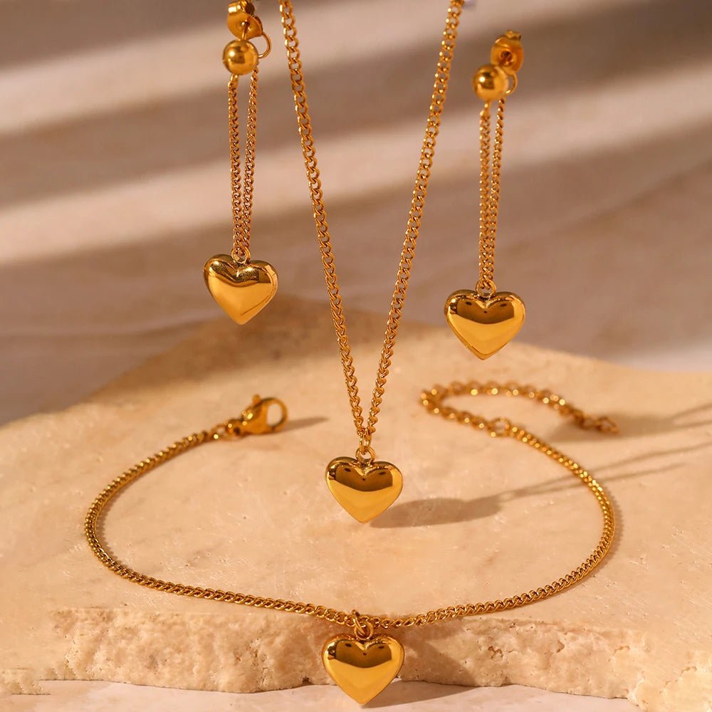 Dainty Heart Chain Necklace. Bracelet. and Earring Set