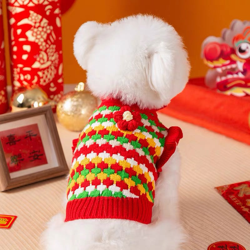 Sweet Knitted Flower Ruffled Sleeves Dog Cat Sweater