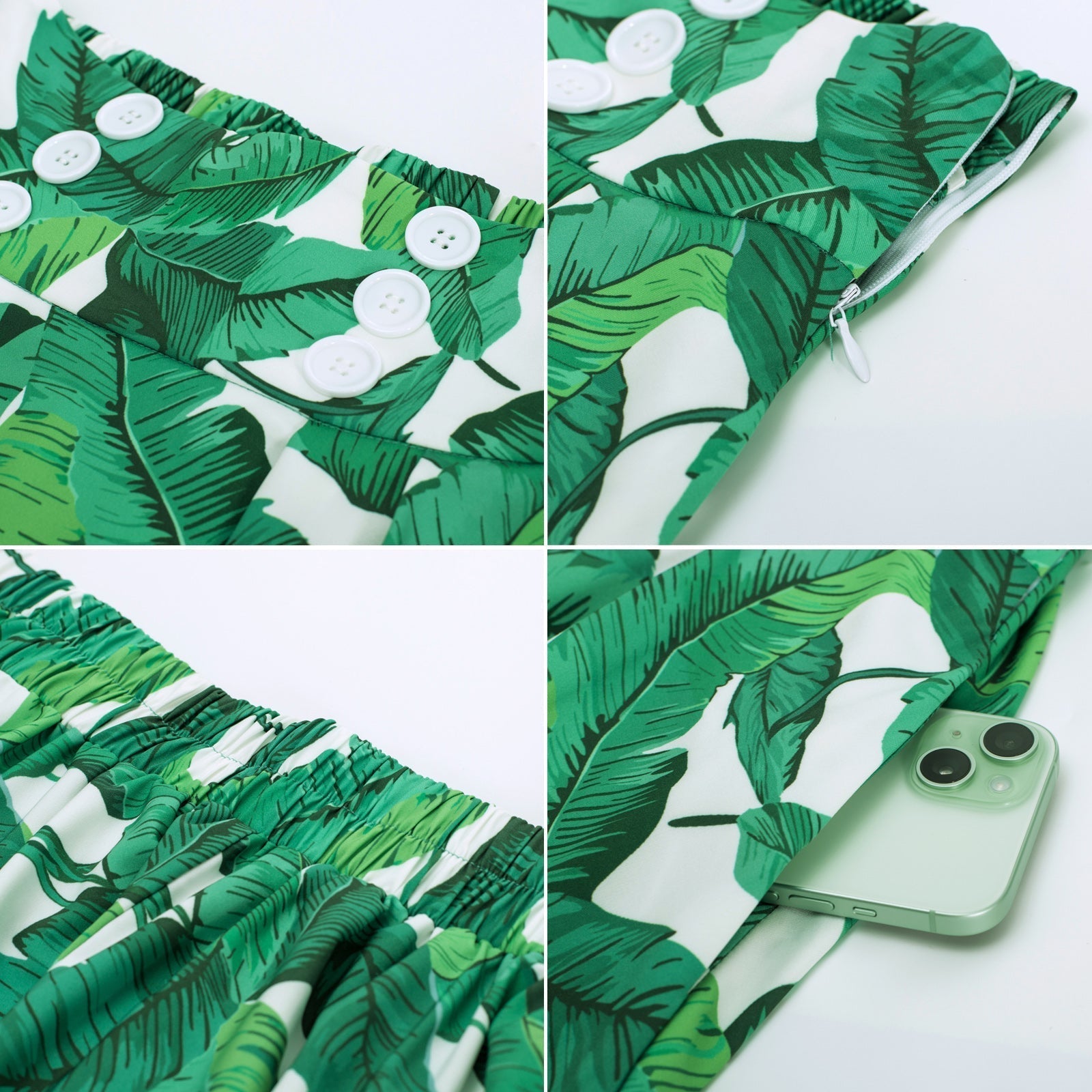 Leaf Patterns Pleated Buttons Decorated Elastic Waist High Waist Swing A-Line Skirt with Pockets