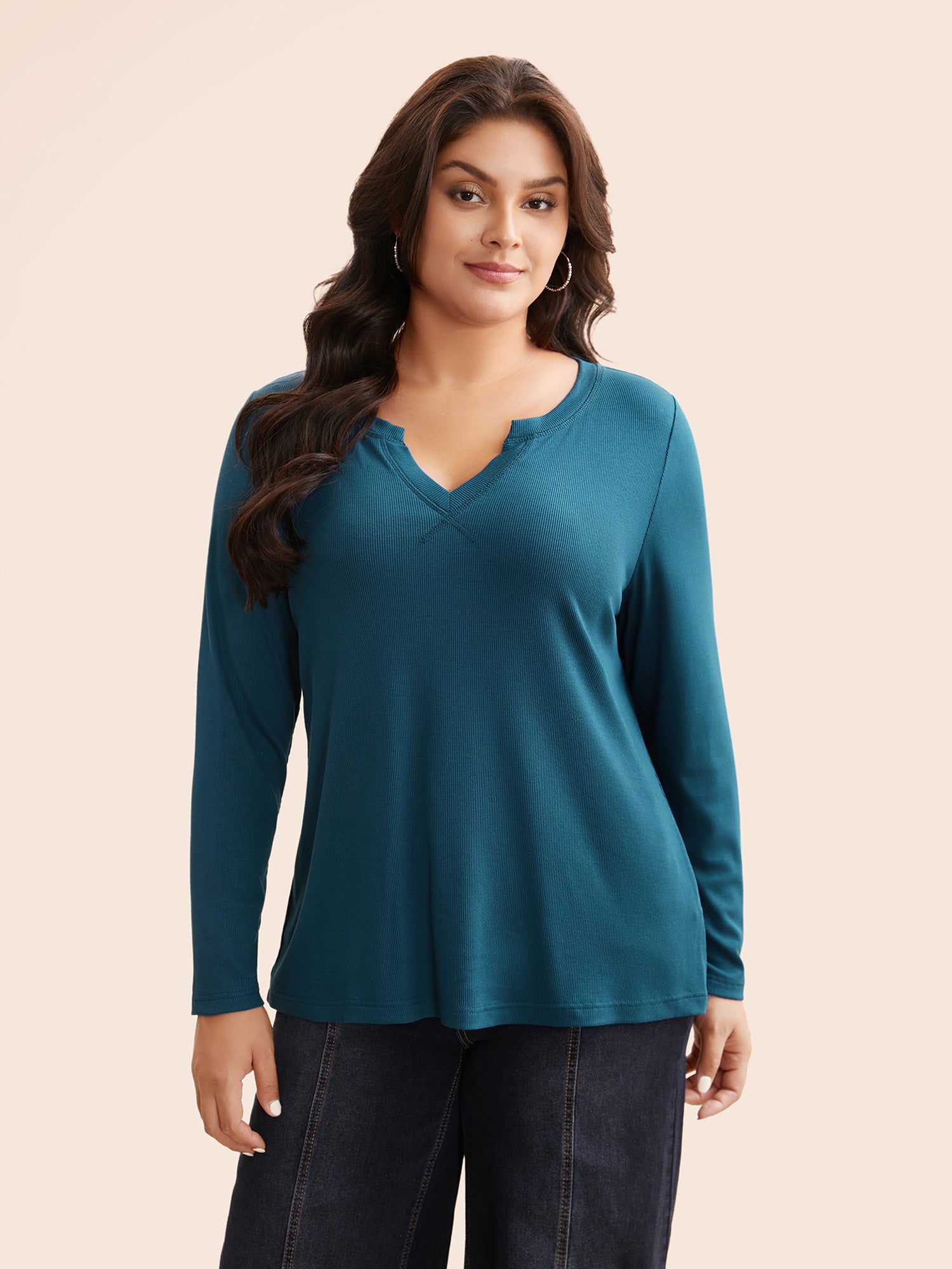 Solid Notched Collar Rib Knit T-shirt