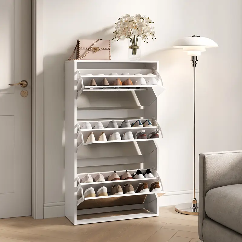 Adjustable Shelf Mirror] 3 Flip-up Drawer Adjustable Shelf Mirror Shoe Cabinet