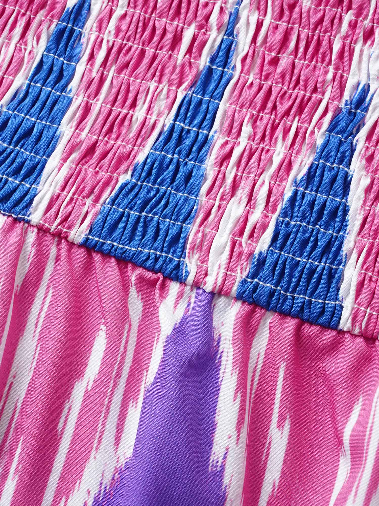 Geometric Contrast Shirred Flutter Sleeve Dress