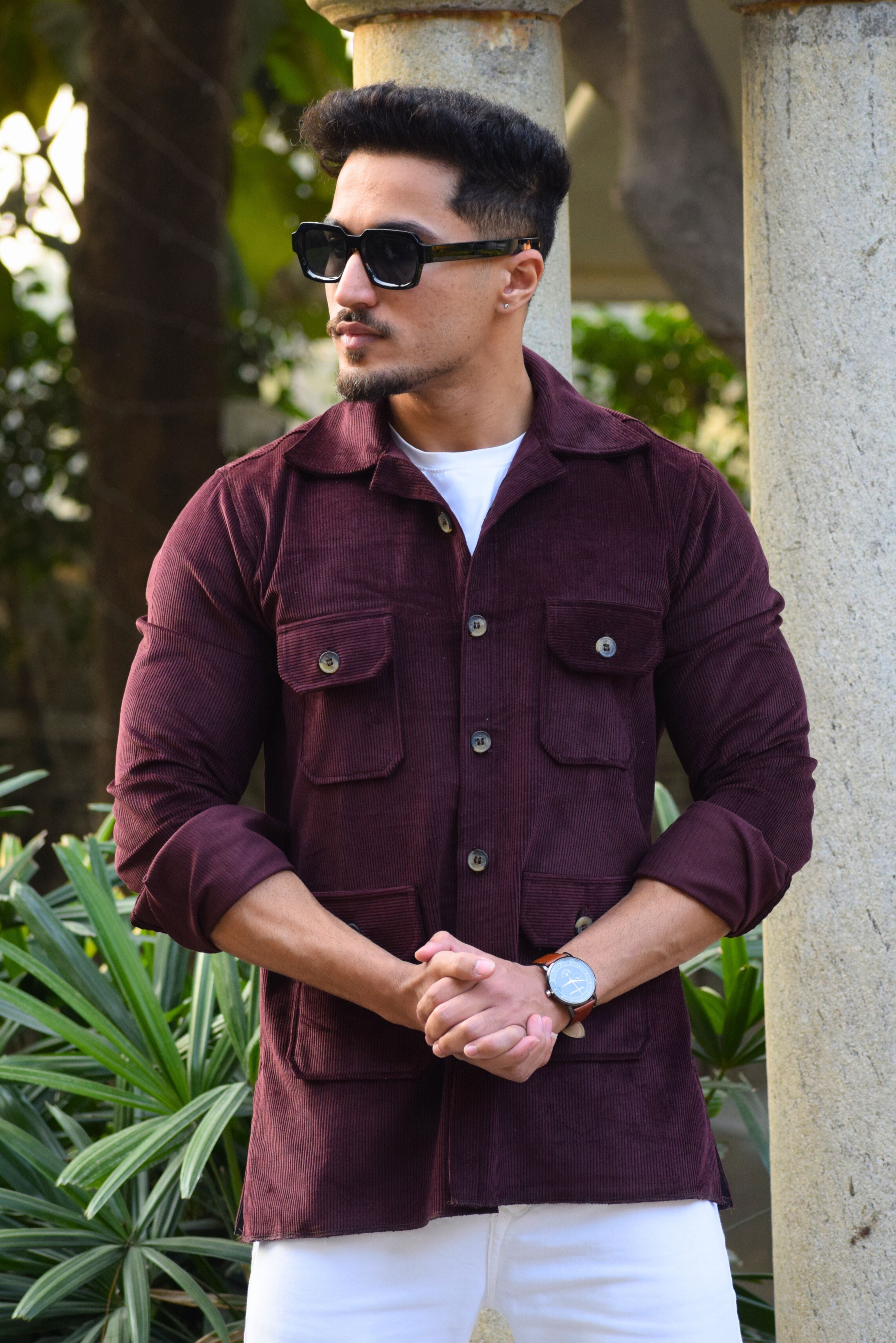 Wine Corduroy Hunting Shacket for Men