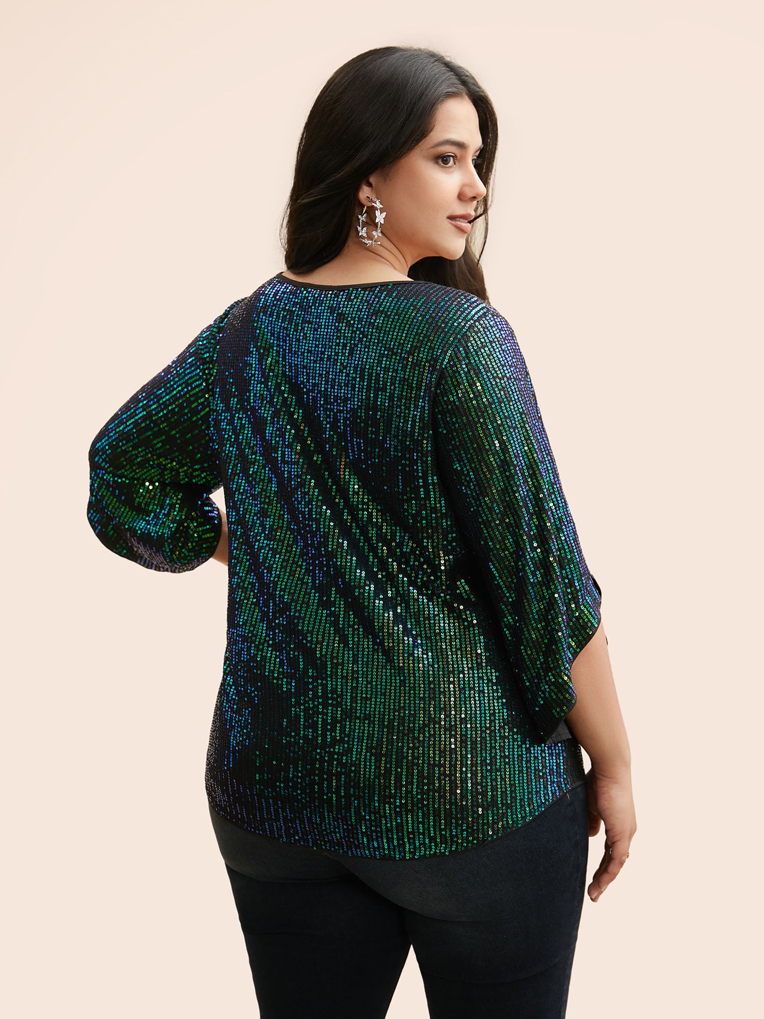 Round Neck Sequin Bell Sleeve Blouse