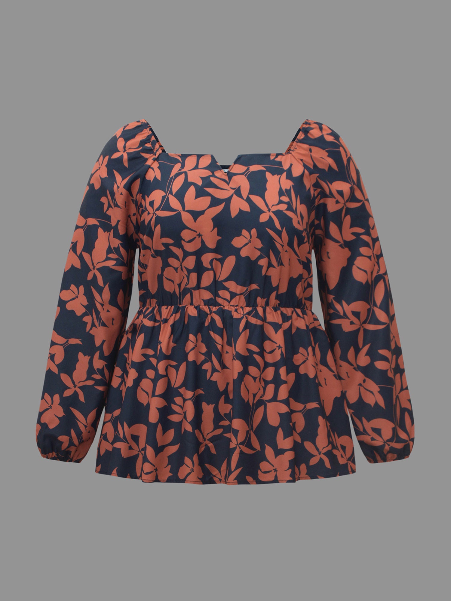 Notched Silhouette Floral Print Lantern Sleeve Blouse