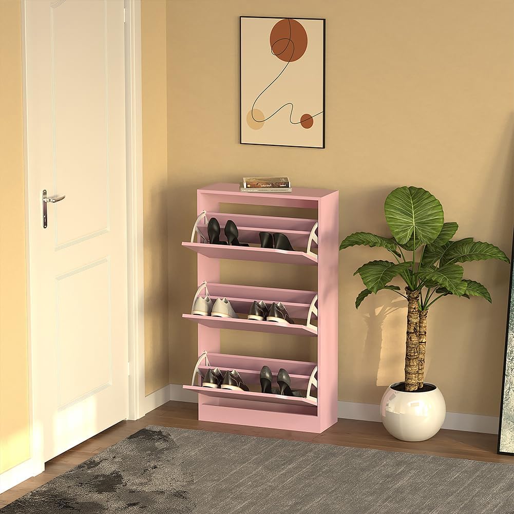 Wood Shoe Cabinet with 3 Doors, Shoe Cabinets, Retractable Handles, Double Depth, 63 x 24 x 115 cm