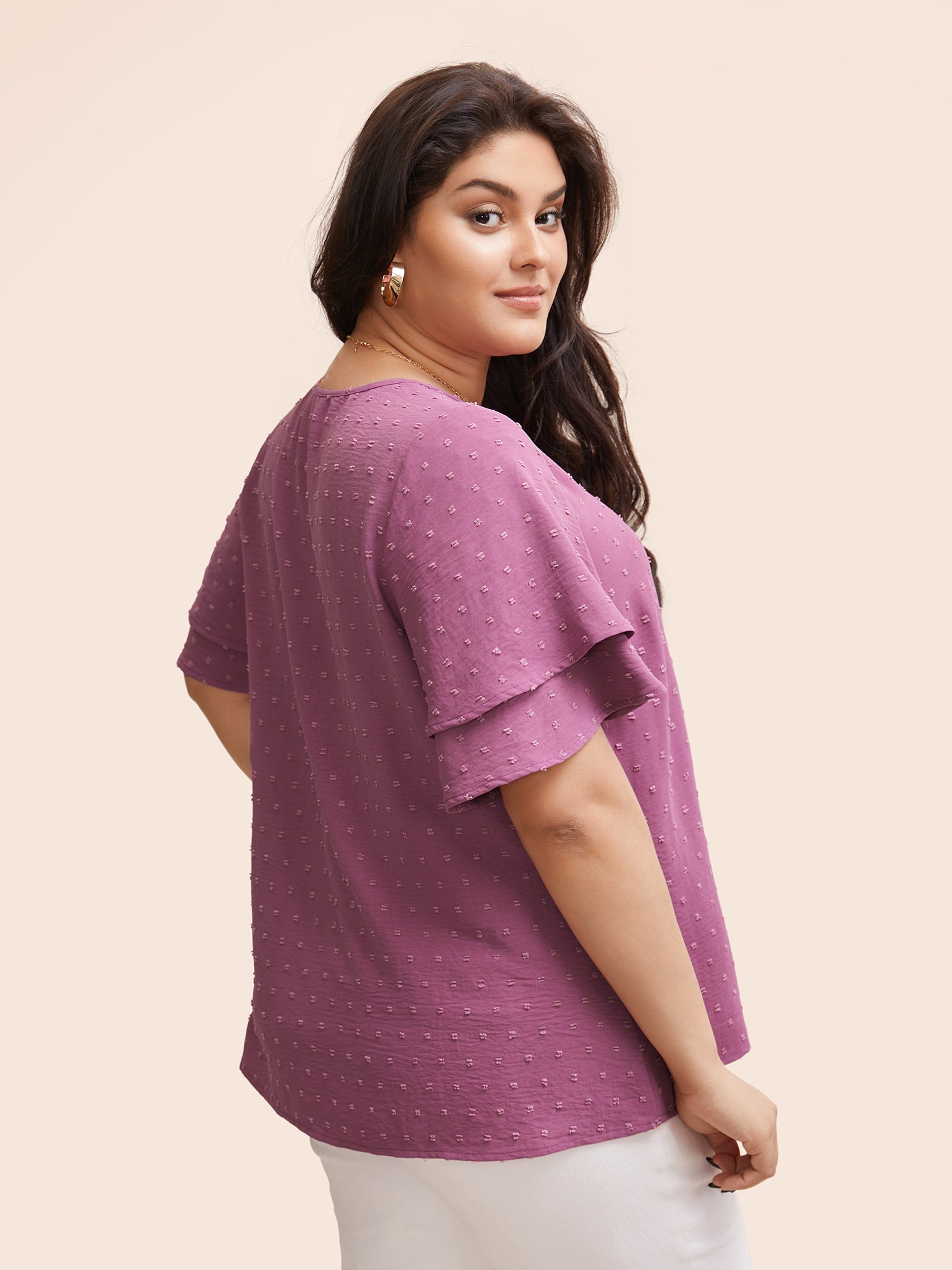 Plain Ruffle Tiered Sleeve V Neck Polka Dot Blouse