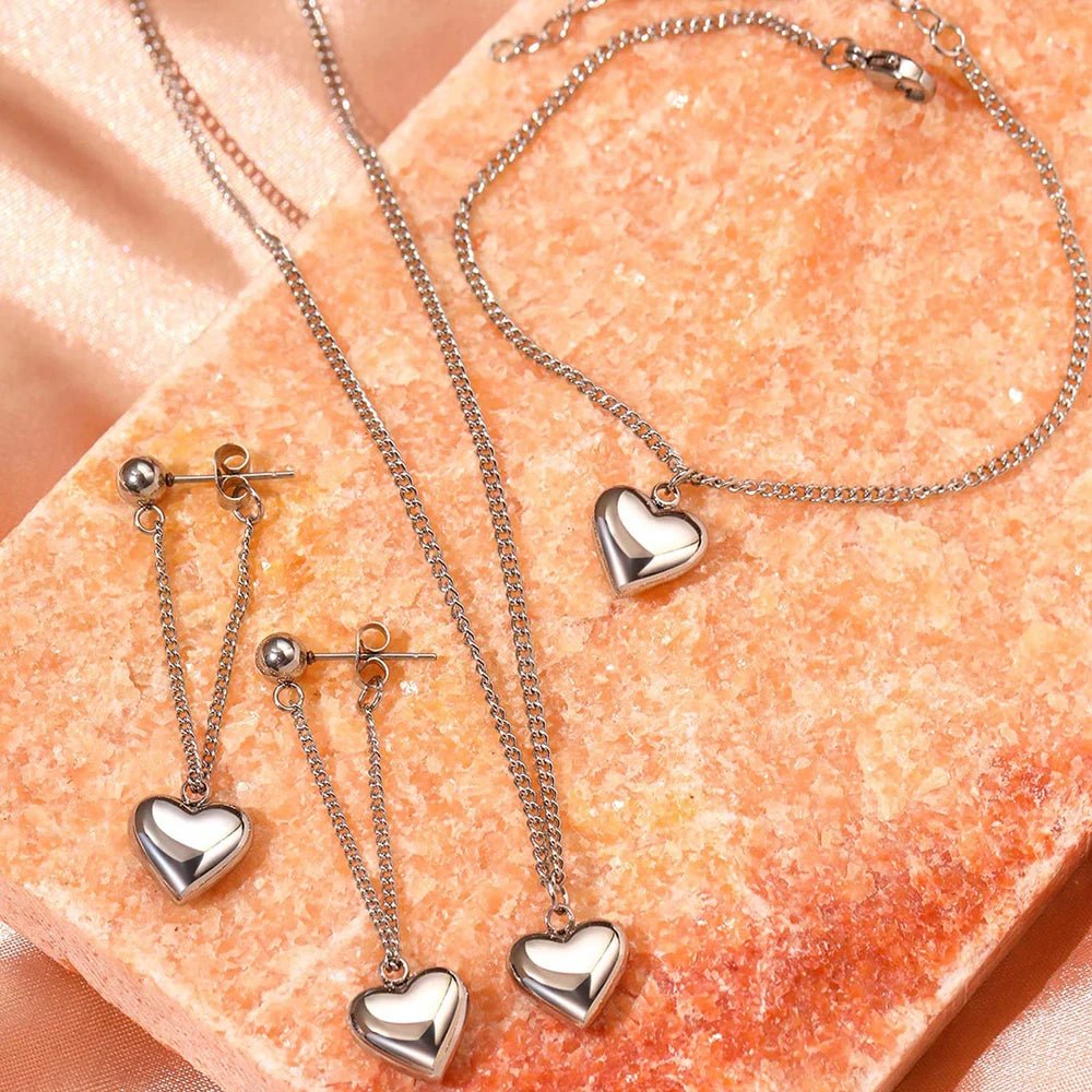 Dainty Heart Chain Necklace. Bracelet. and Earring Set