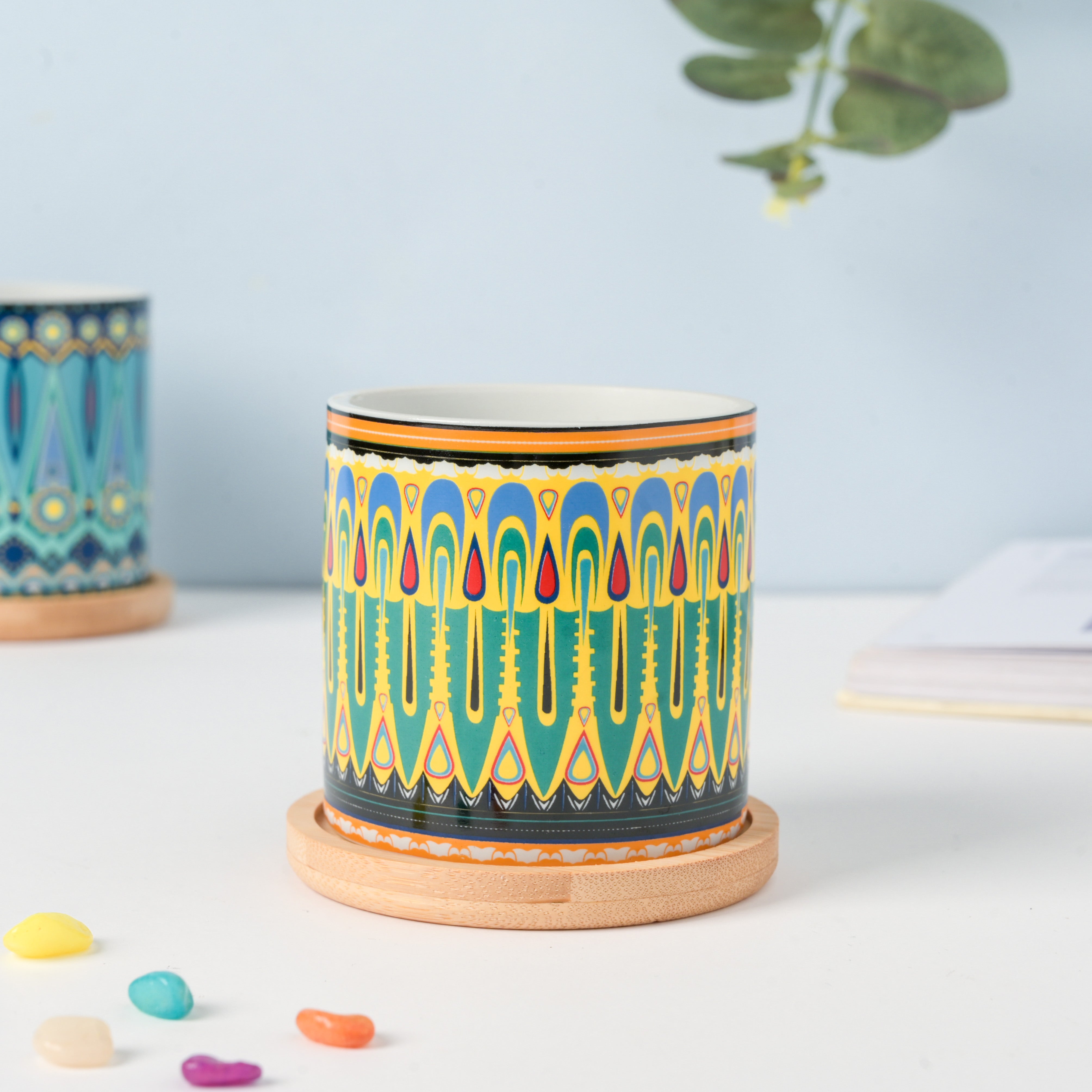 Beaming Green Ceramic Planter With Coaster