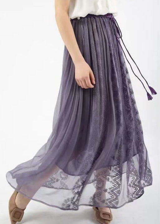 Purple Wrinkled Embroideried Lace Up Silk Skirts Spring