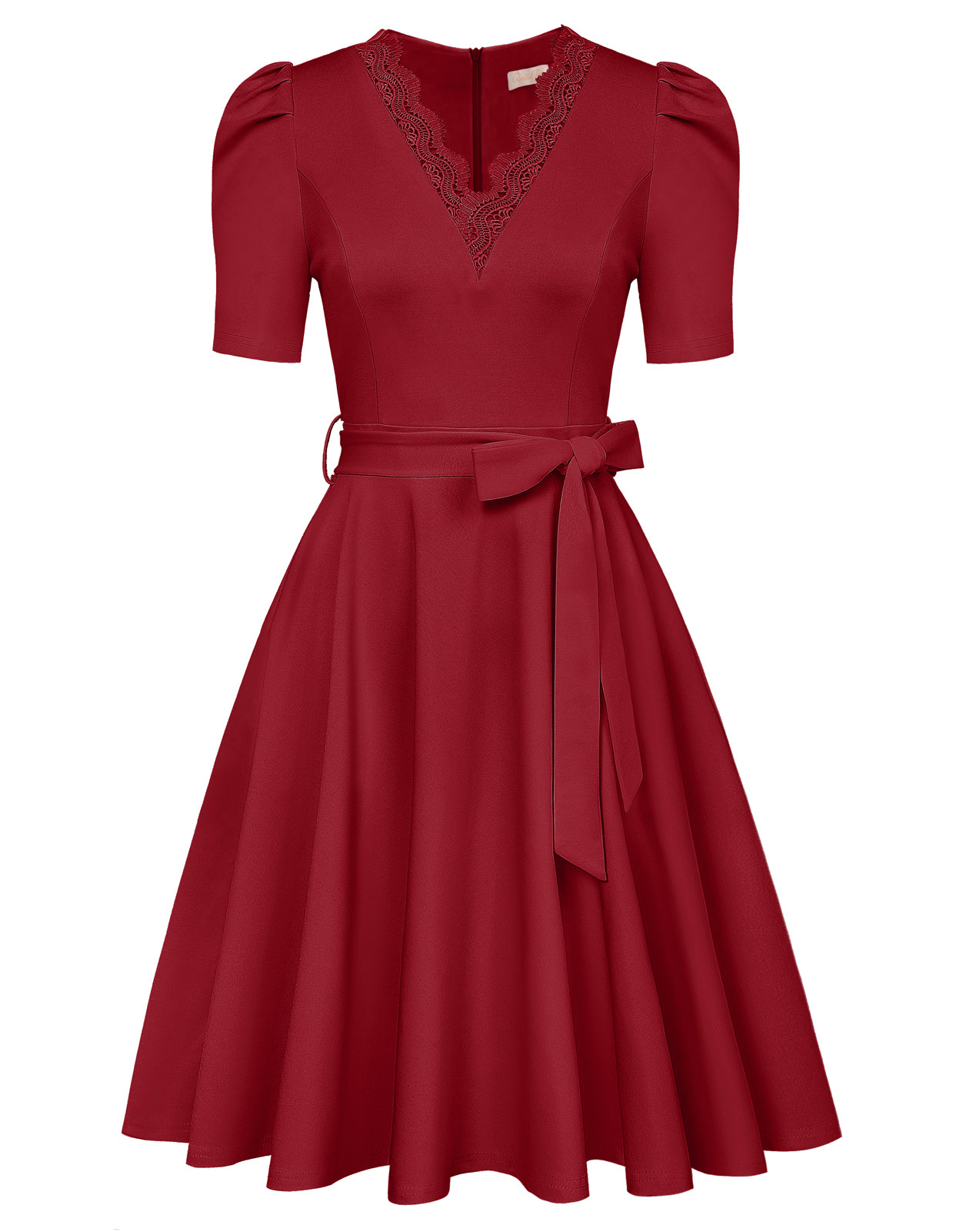 Tea Length Dress with Pockets Short Sleeve Tie Waist Dress V Neck A Line Dress