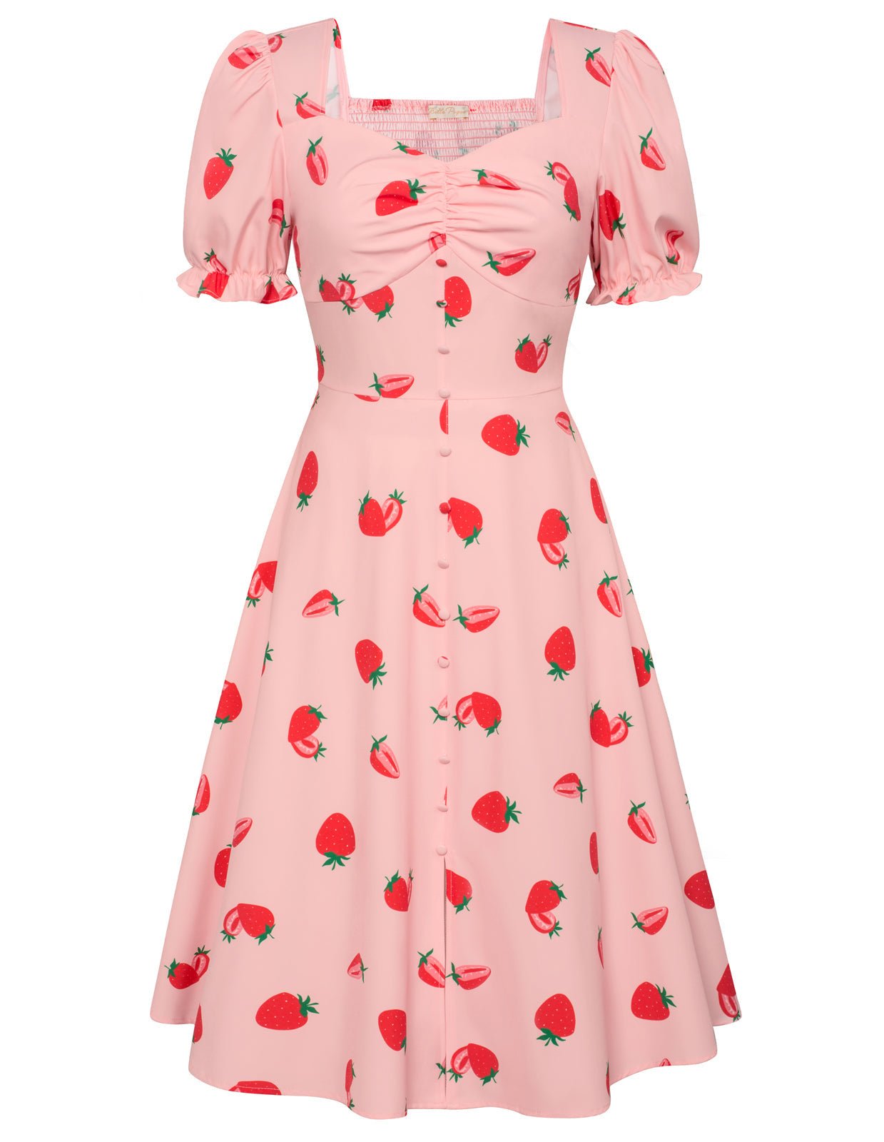 Vintage Cherry Patterns Front Slit Dress Puffed Short Sleeve Sweetheart Neck Dress