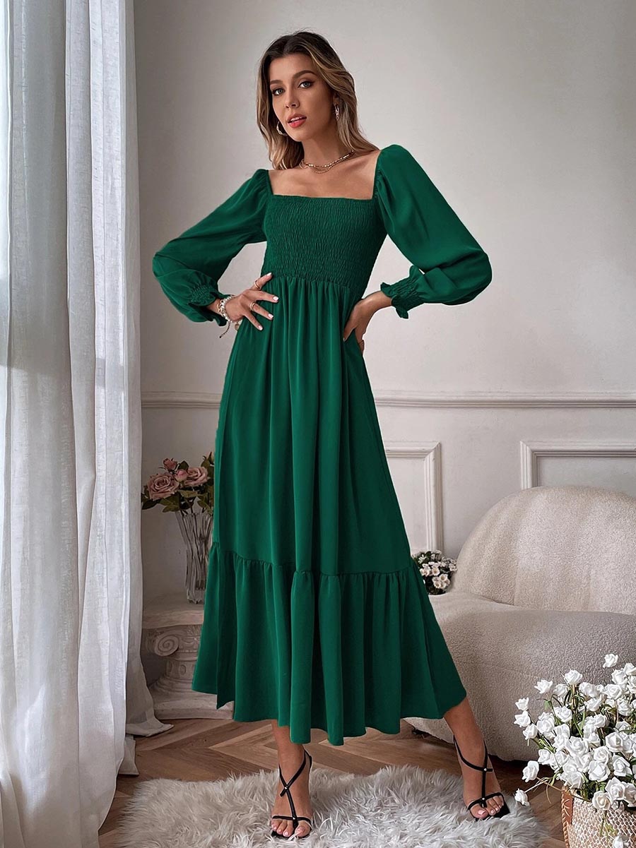 Square Neck Long Sleeve Ruffle High Waist Dress (5 colors)