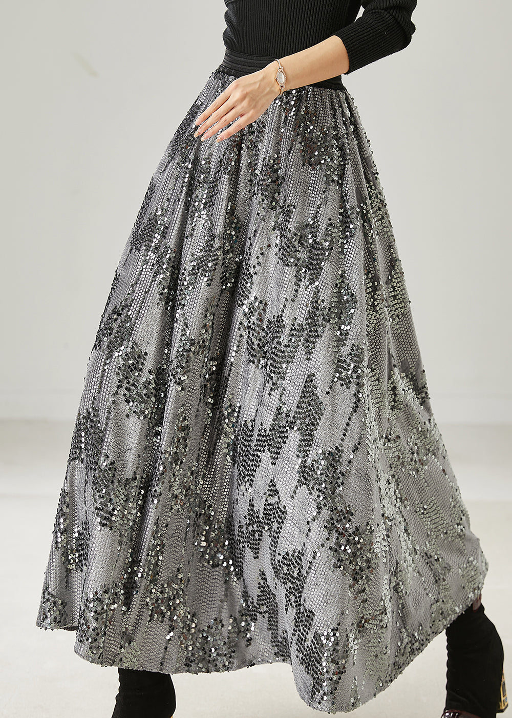 Grey Sequins Exra Large Hem Skirt Summer