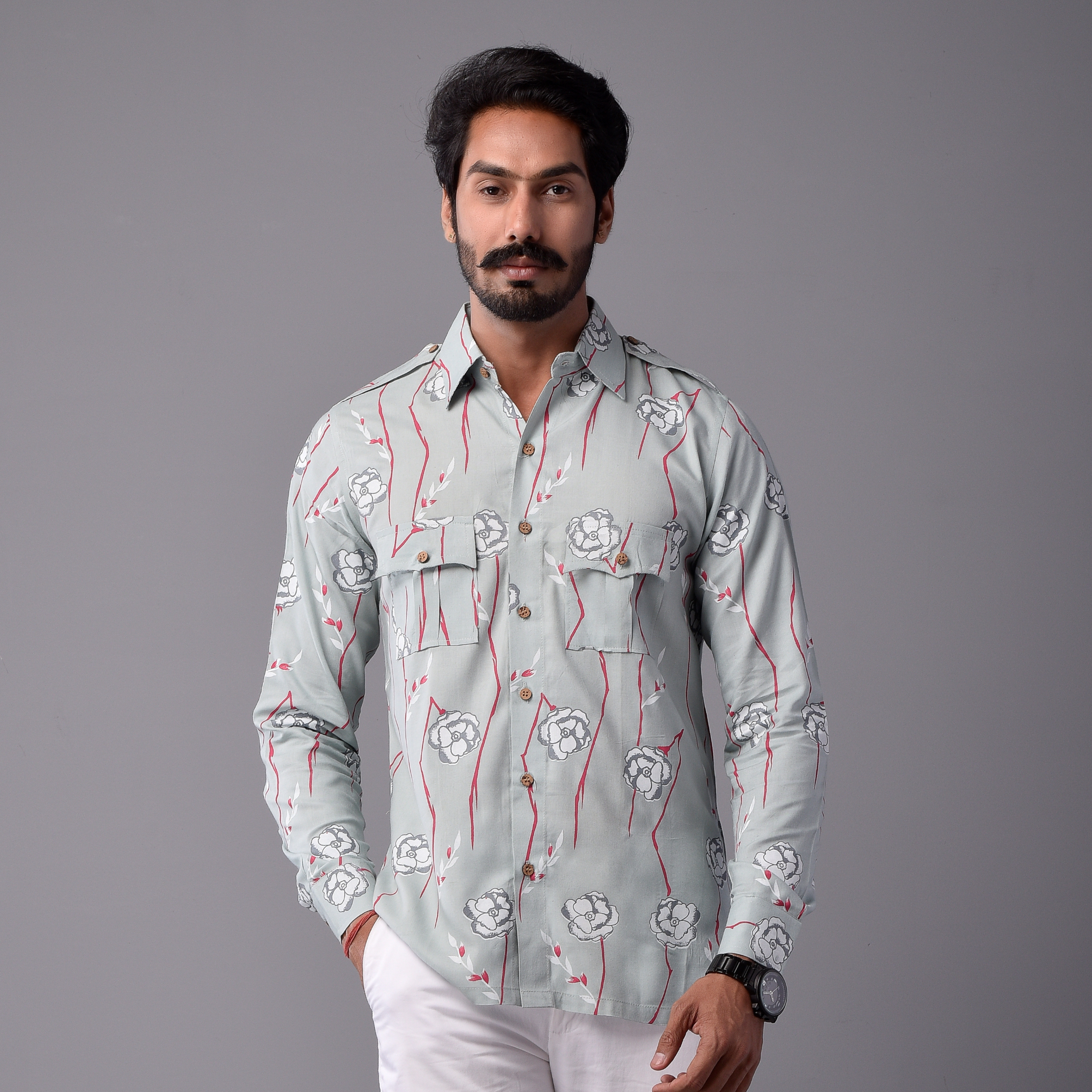 Sanganeri Light Green Hunting Styled Floral Printed Shirt