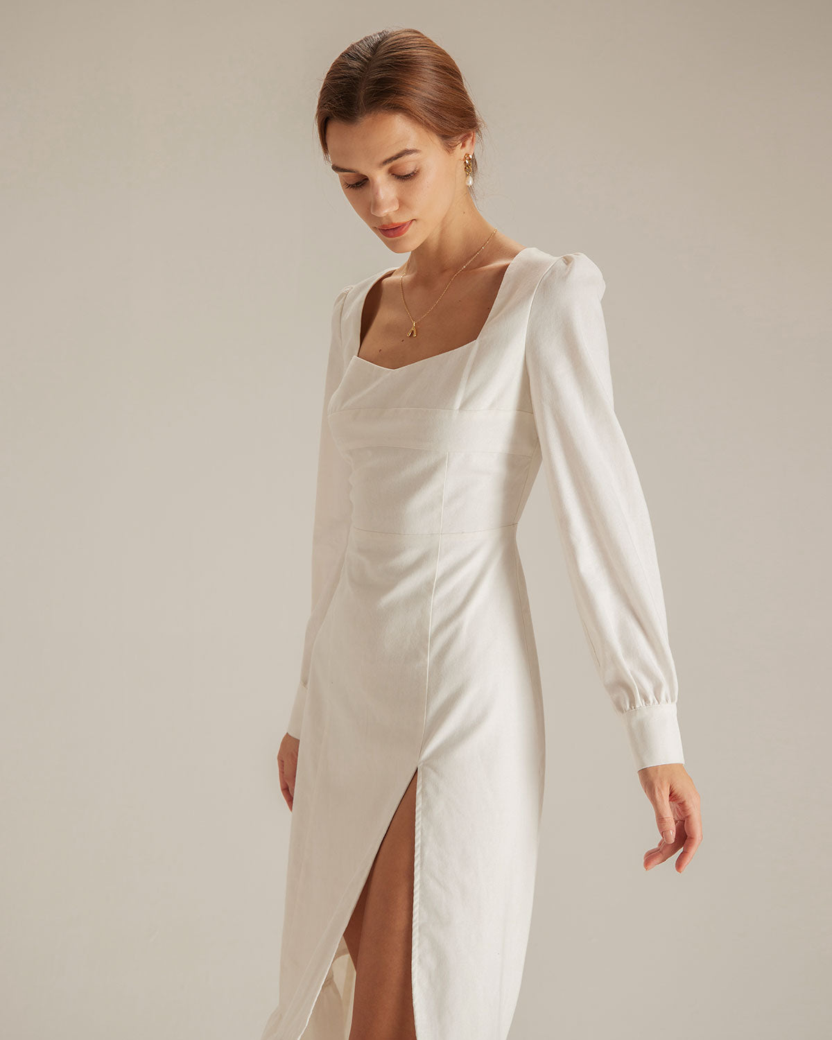 The White Sweetheart Neck Split Midi Dress