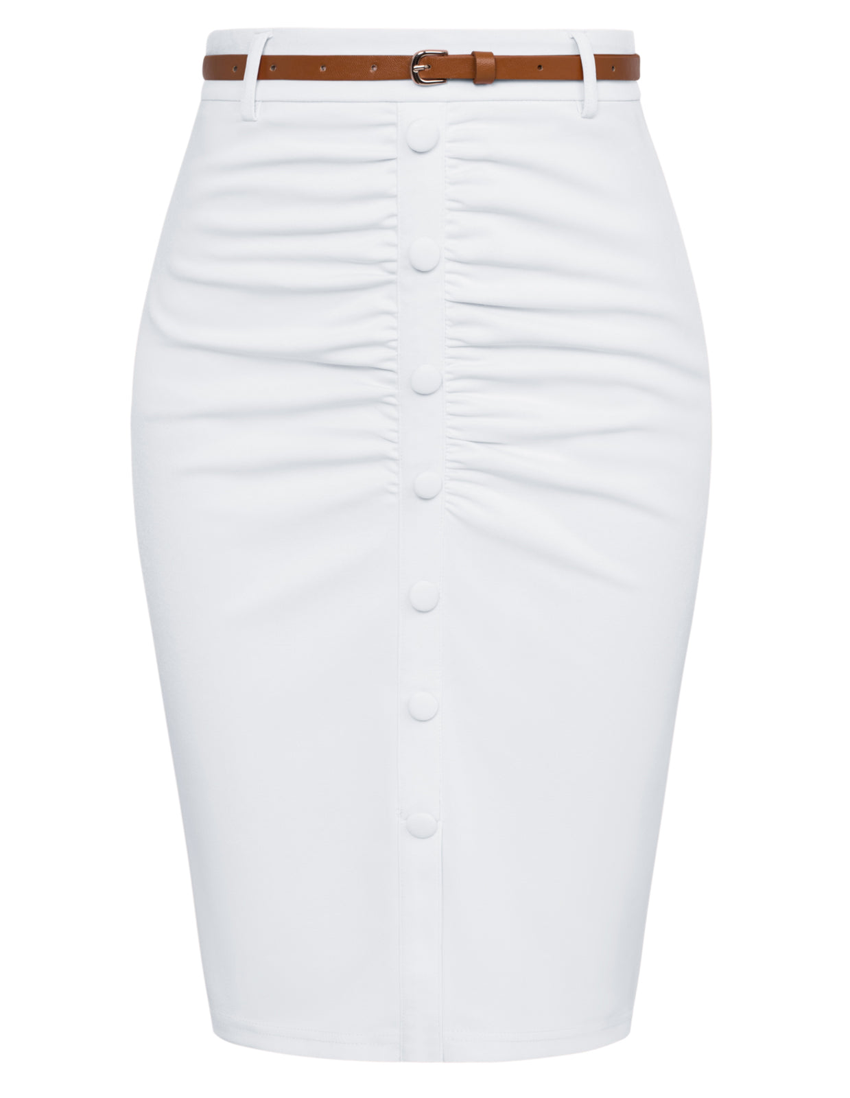 Vintage High Waist Front Slit Knee Length Ruched Pencil Skirt with Belt