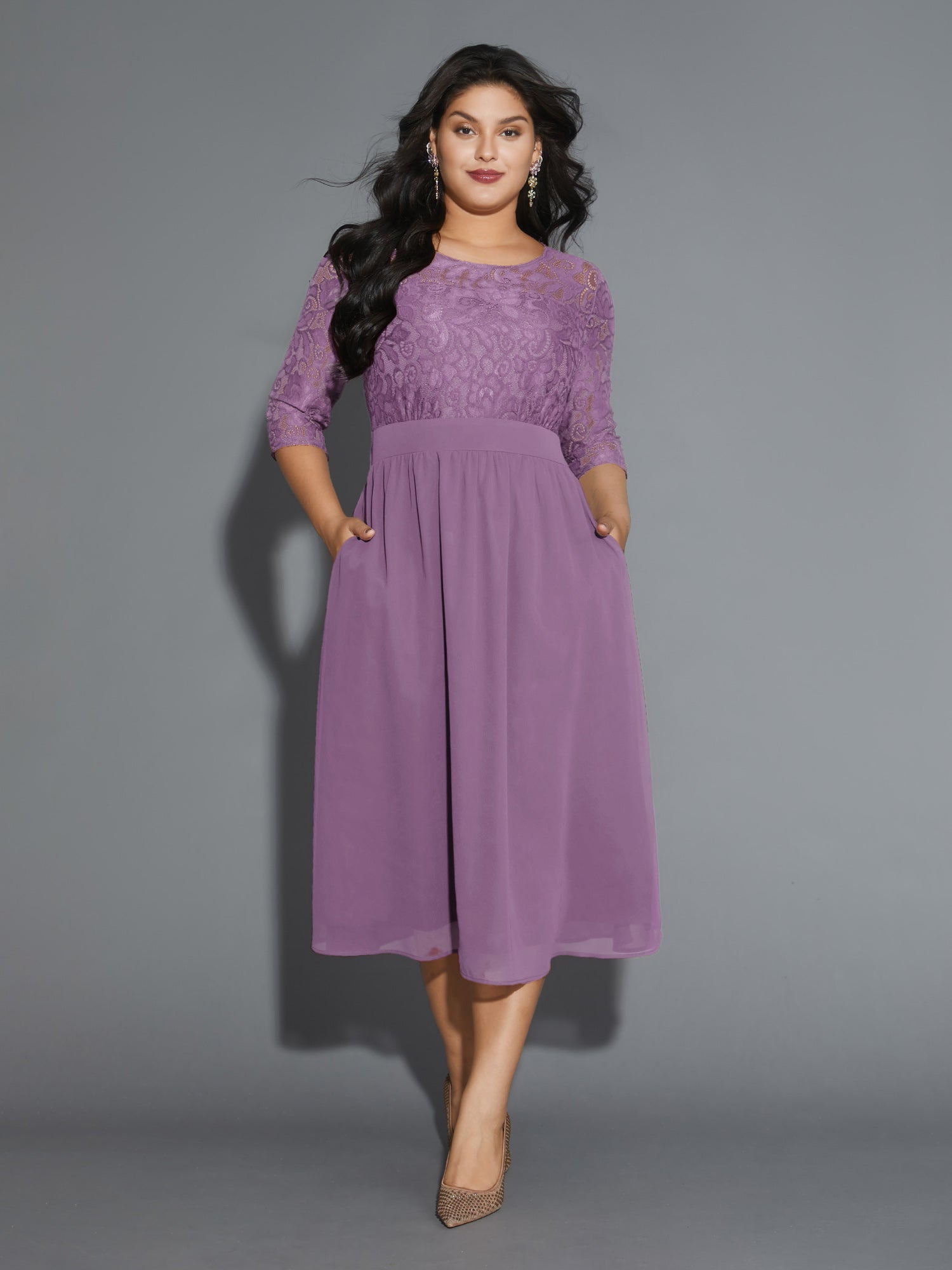 Lace Patchwork Shirred Midi Pocket Dress