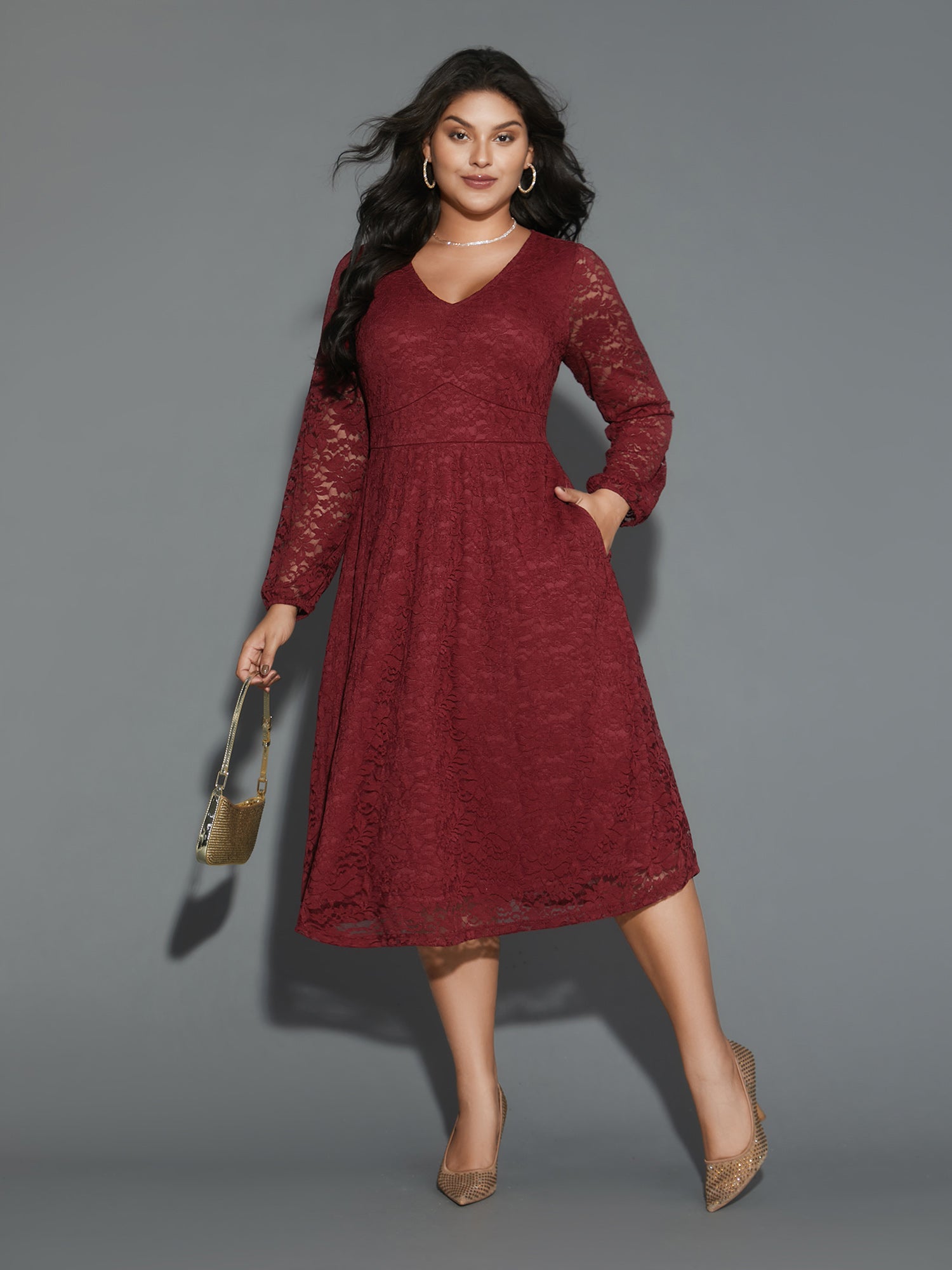 Solid Lace Patchwork Lantern Sleeve Dress