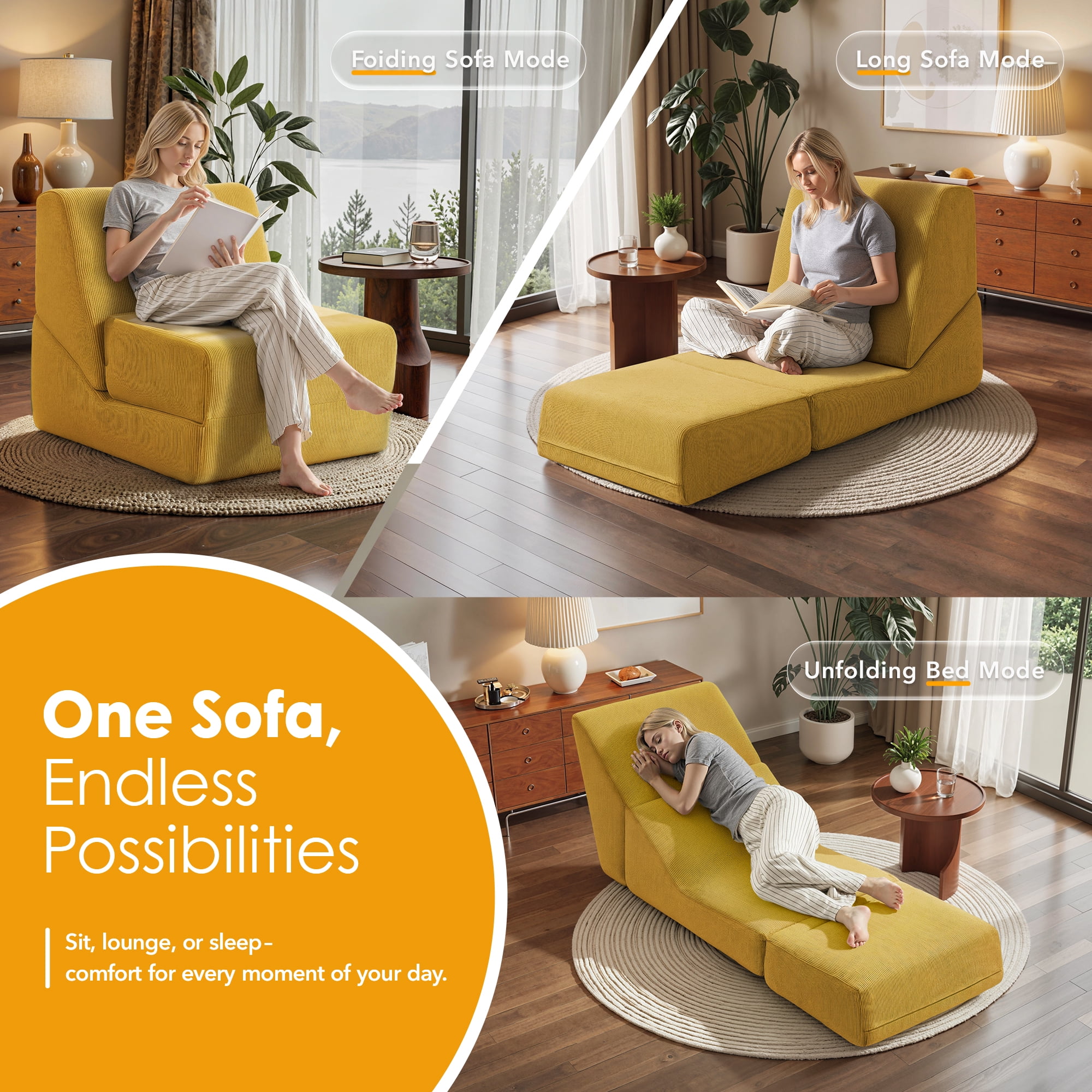 Folding Sofa Bed, 3 in 1 Convertible Sleeper Chair, Floor Couch with Back Support, Single Chair Bed for Living Room