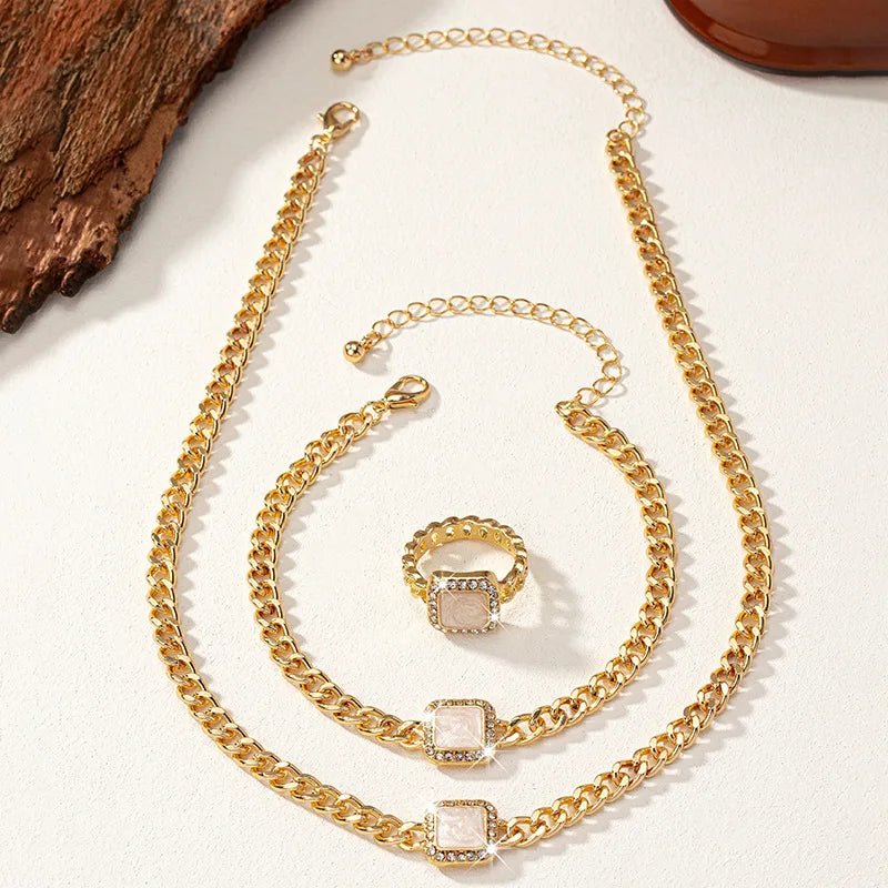 Cuban Square Diamond Necklace. Bracelet. and Ring Set