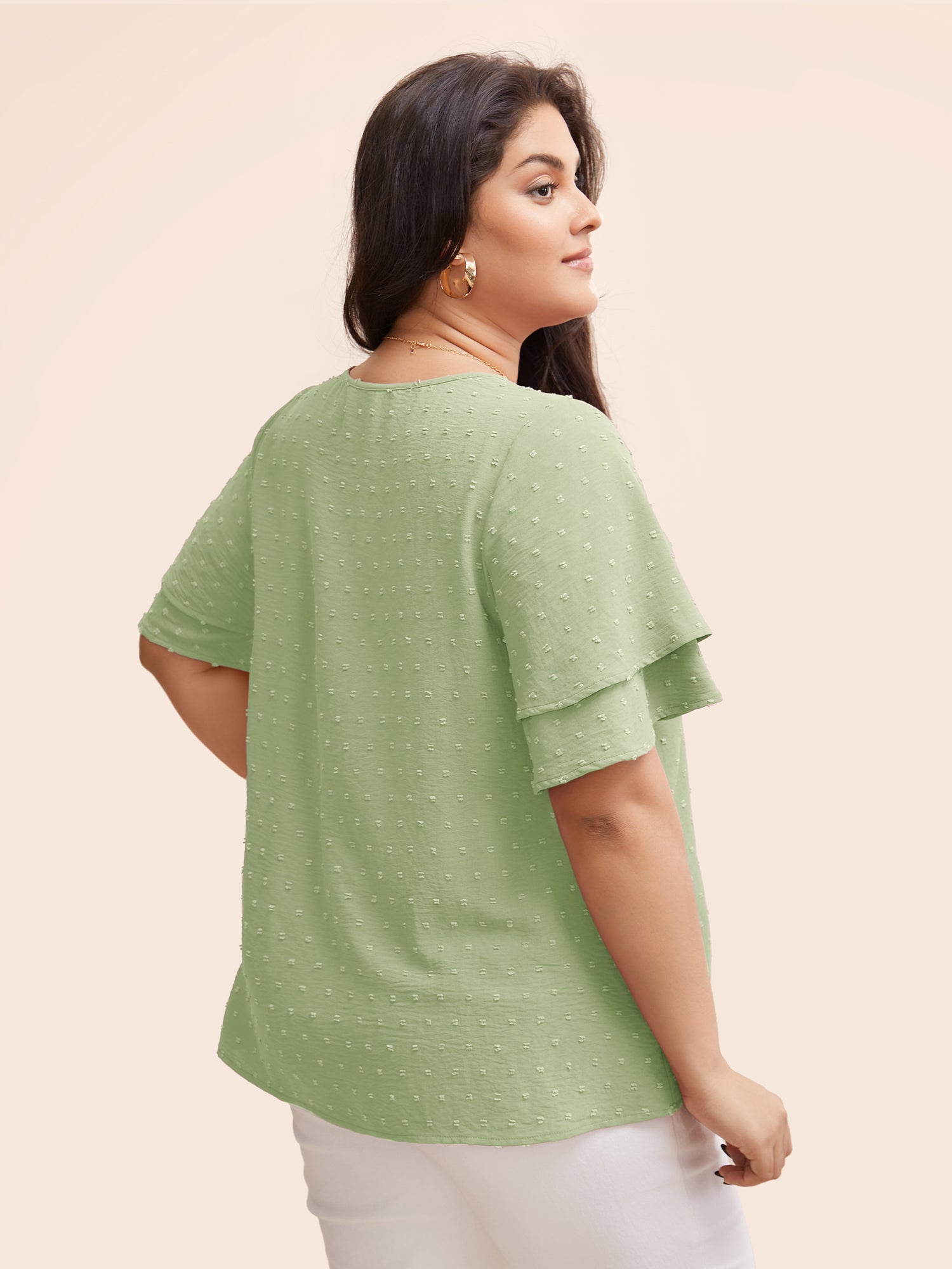 Plain Ruffle Tiered Sleeve V Neck Polka Dot Blouse