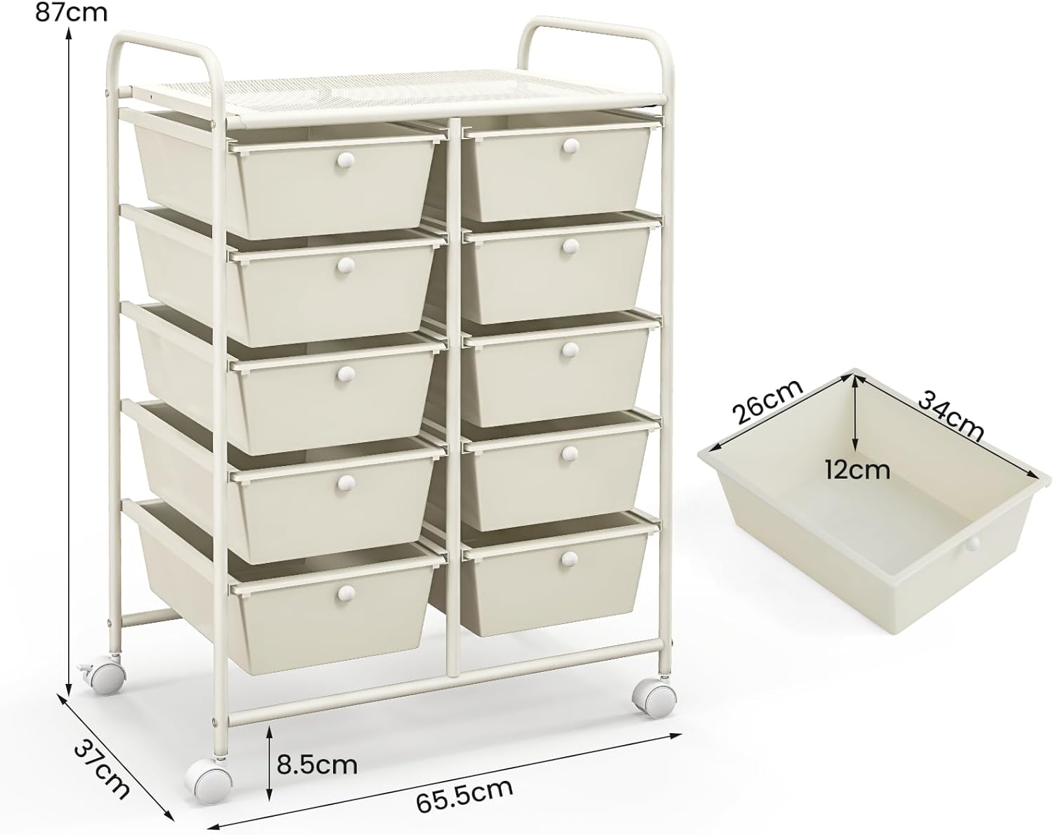 GIANTEX Stackable Storage Trolley with 10 Drawers with Lockable Wheels for Kitchen, Bathroom, Office, 65.5 x 37 x 87 cm