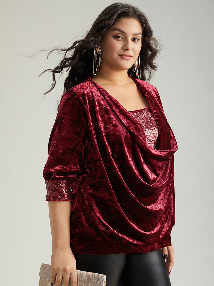 Cowl Neck 2-In-1 Sequin Patchwork Blouse