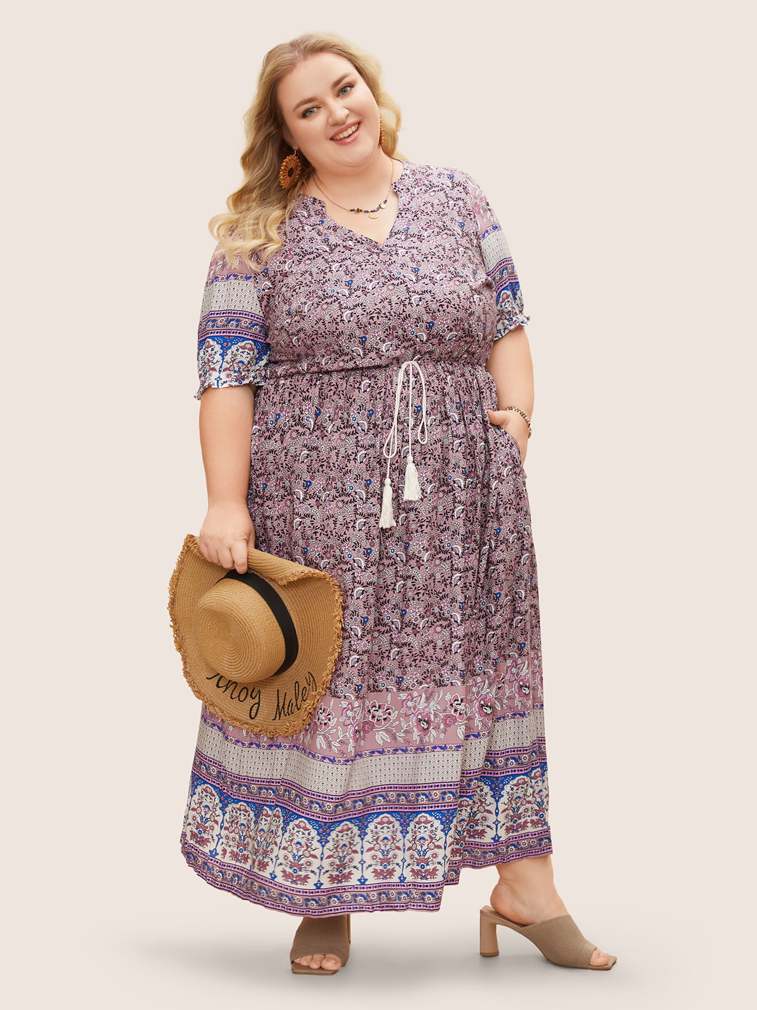 Boho Print Notched Ties Tassel Trim Dress