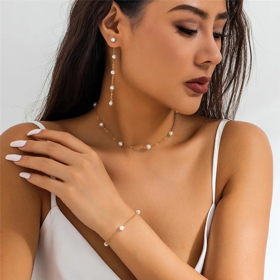 Dainty Chain Pearl Bracelet. Necklace. and Earring Set