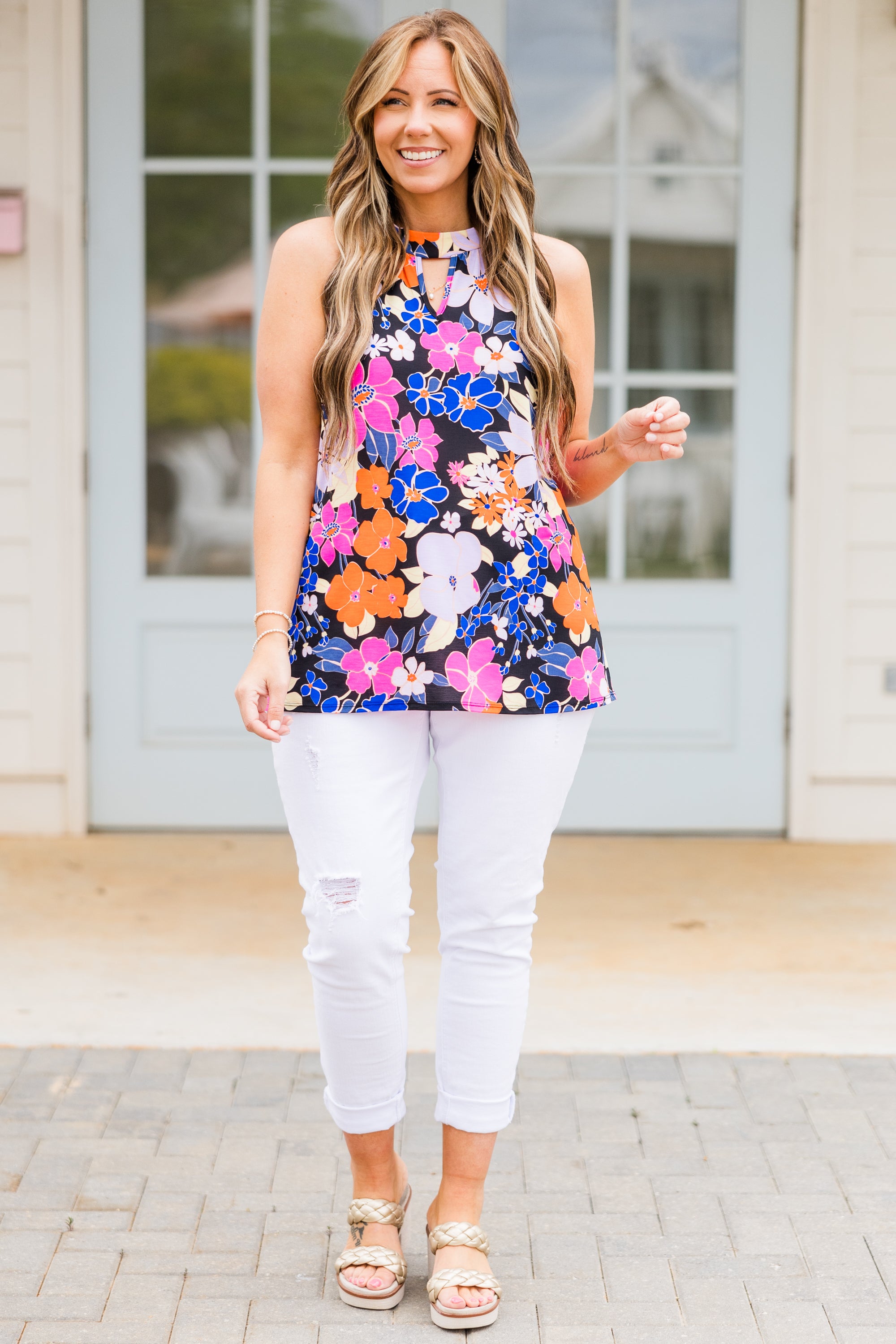 Up At Dusk Tank. Black/Neon Pink