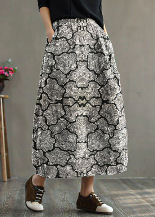 Women Red Elastic Waist Patchwork Print Fine Cotton Filled Skirt Winter