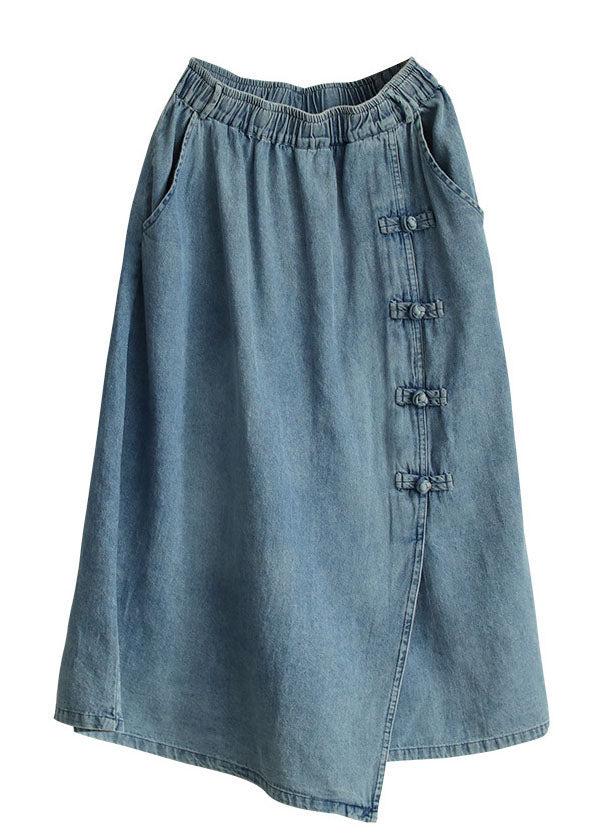 Denim Blue Elastic Waist Asymmetrical Oriental Button Cotton Skirt Summer