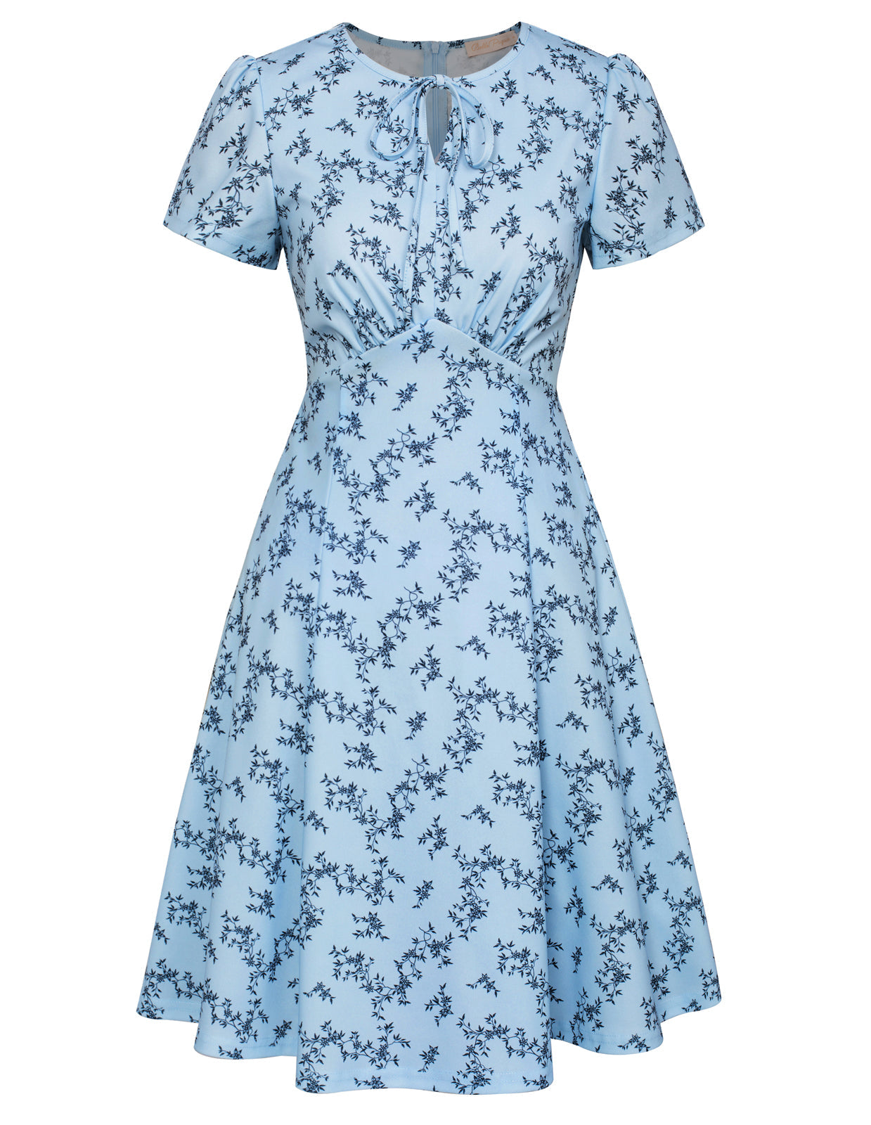 Vintage Lemon Patterns A-Line Swing Dress Keyhole Tie Dress Round Neck Work Dress Tea Dress