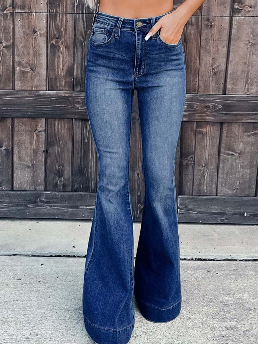 Street Solid Patchwork High Waist Boot Cut Denim Jeans