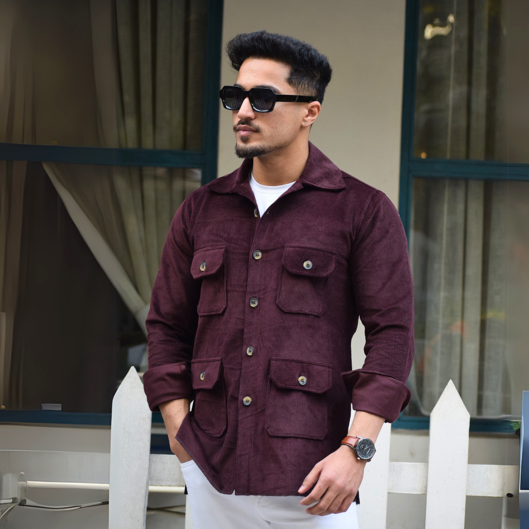 Wine Corduroy Hunting Shacket for Men