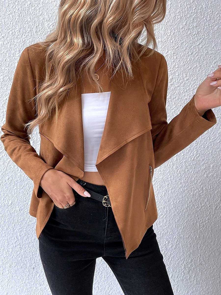 Leather Velvet Lapel Long Sleeve Zipper Jacket