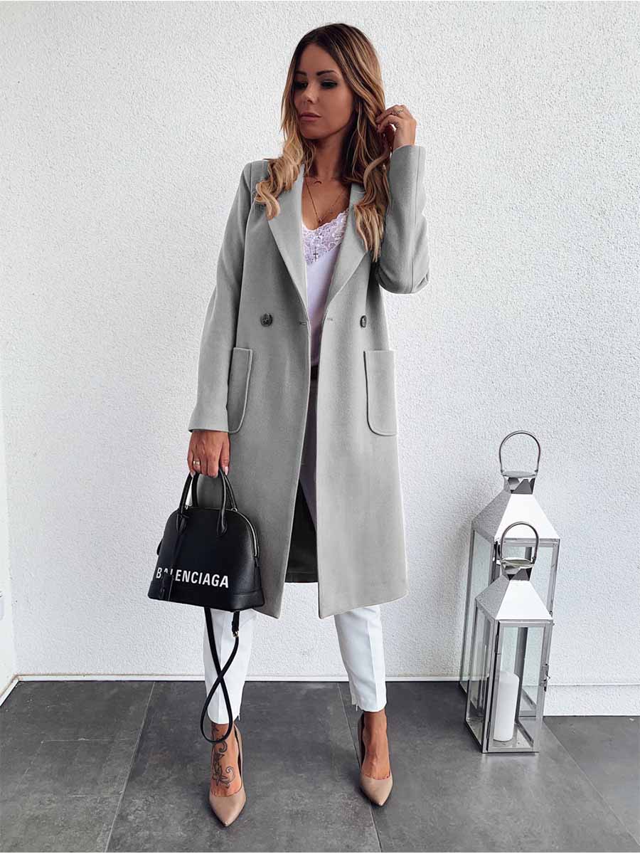 Lapel Pocket Woolen Coat