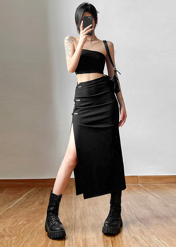 Fashion Black High Waist Side Open Chinese Button Skirt Summer