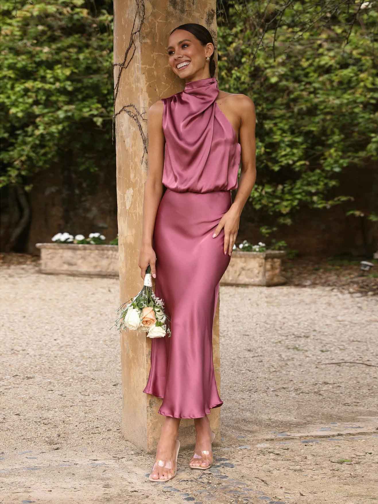 Sleeveless Hanging Neck Solid Color Satin Dress(6 Colors)
