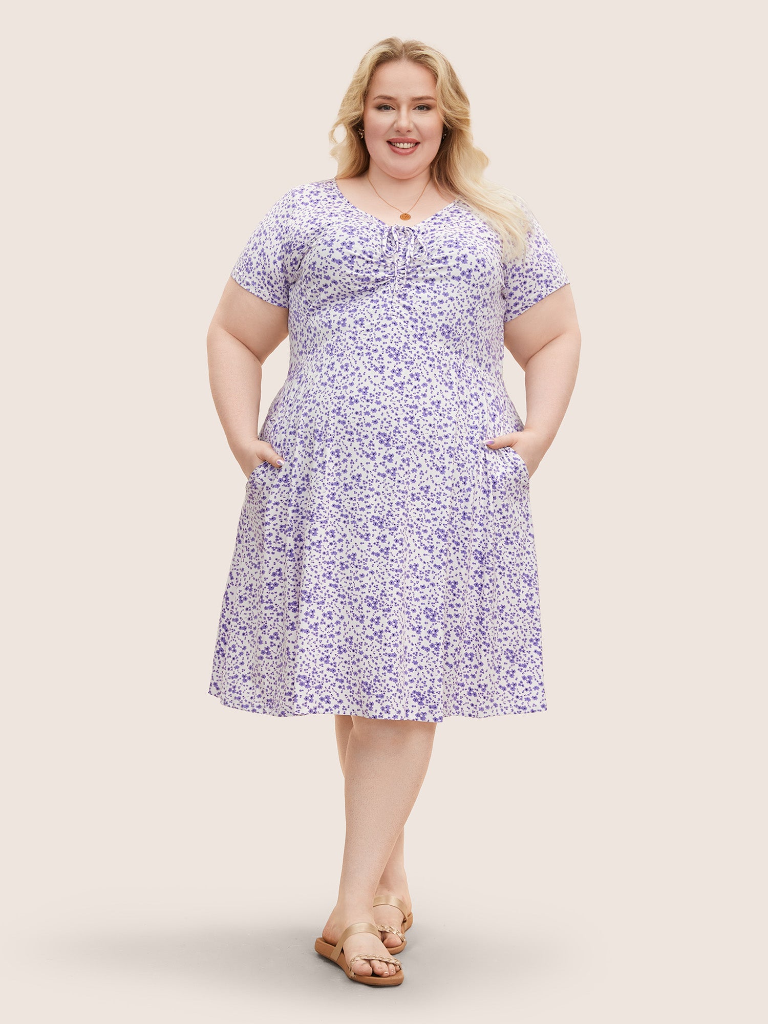 Ditsy Floral Elastic Waist Knot Drawstring Dress