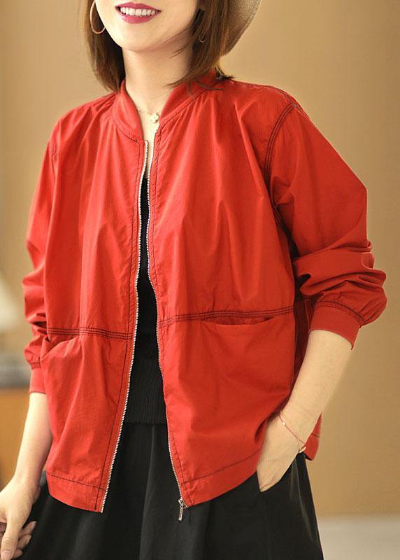 Boutique Red Stand Collar Zippered Pockets Fall Jacket Long Sleeve