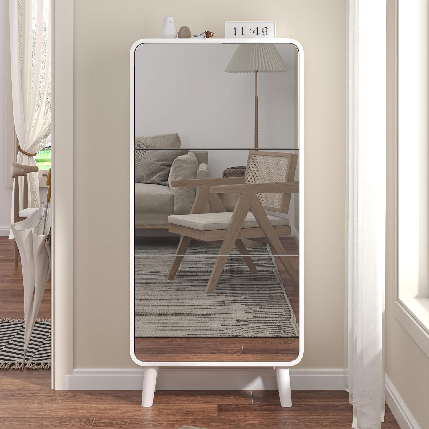 Entrance Shoe Locker, 5 Tier Full Length Mirror Shoe Organizer Wooden Narrow Shoe Cabinet, White Shoe Rack for Front Door Entrance Outdoor