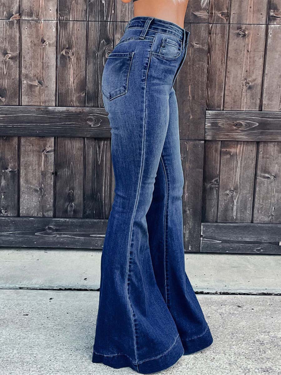 Street Solid Patchwork High Waist Boot Cut Denim Jeans